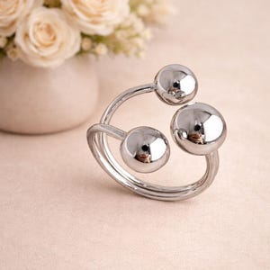 Sterling Silver Triple Ball Ring - Adjustable Open Statement Ring