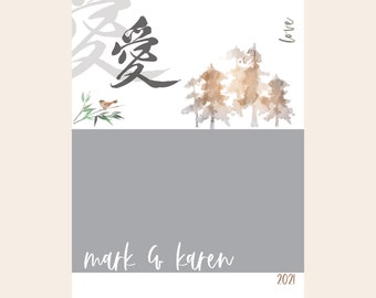May include: A watercolor painting of a forest scene with the Chinese character for love, "愛", written in black ink. The word "love" is written in cursive in the upper right corner. The painting is on a white background with a gray border. The text "mark & karen 2021" is written in white cursive at the bottom of the image.
