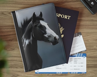 Funda para pasaporte con retrato de caballo pinto blanco y negro / Accesorio de viaje con retrato equino, Caballo Pinto