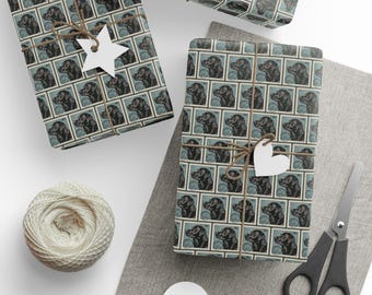 Vintage Dog Stamp Pattern Wrapping Paper | Black Labrador Retriever Pet Themed Gift Wrap
