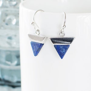 Lapis Lazuli Earrings, Blue Gemstone Earrings, Blue Stone Dangle Earrings, Triangle Earrings, Minimalist Modern Earrings, UK.