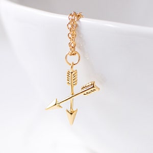 Gold Plated Crossed Arrows Necklace, Arrow Charm Necklace, Archery Pendant Necklace, Bff Gift, Long Distance Friendship Gift. image 1