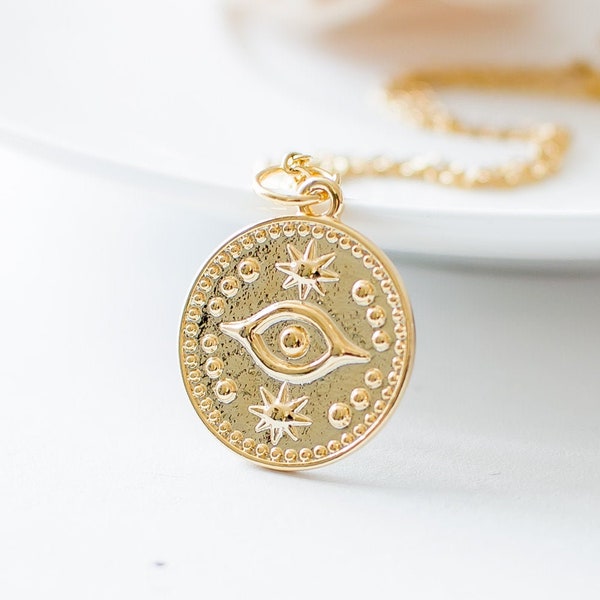 Evil Eye Gold Coin Necklace, Round Disc Evil Eye Pendant Necklace, Gold Plated Medallion Protector Necklace, Third Eye Layering Necklace.