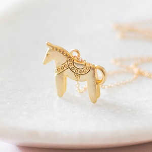 Gold Dala Horse Necklace. Nordic Scandinavian Pendant Necklace. Swedish Folk Jewellery, Animal Charm Necklace, UK. image 1