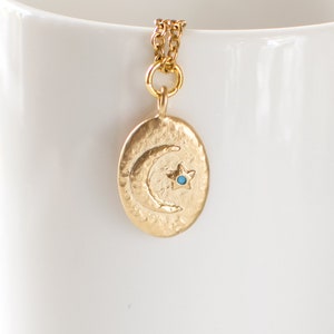 Gold Moon and Star Pendant Necklace, Crescent Moon and Turquoise Star Necklace,  Small Moon and Star Charm Necklace.