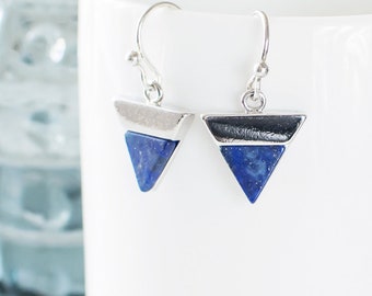 Lapis Lazuli Earrings, Blue Gemstone Earrings, Blue Stone Dangle Earrings, Triangle Earrings, Minimalist Modern Earrings, UK.