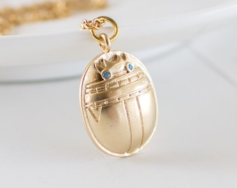 Gold Plated Scarab Necklace, Egyptian Mythology Necklace, Beetle Pendant Necklace, Gift for History Lovers.