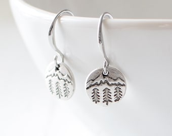 Antique Silver Forest Earrings, Woodland and Mountains Earrings, Pine Tree Earrings, Rustic Nature Earrings. Handmade Jewellery UK.