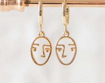 Abstract Face Hoop Earrings, Gold Plated Face Huggie Earrings, Small Huggie Hoops, Minimalist Modern Earrings. Handmade Jewellery UK.