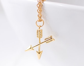 Gold Plated Crossed Arrows Necklace, Arrow Charm Necklace, Archery Pendant Necklace, Bff Gift, Long Distance Friendship Gift.