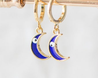 Evil Eye Hoop Earrings, Half Moon Huggie Earrings, Tiny Gold Plated Hoops, Nazar Huggie Hoops, Blue Crescent Earrings. Handmade Jewellery