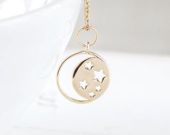 Crescent Moon and Stars Charm Necklace, Gold Plated Crescent and Stars Pendant Necklace, Small Celestial Necklace, Handmade Jewellery UK.