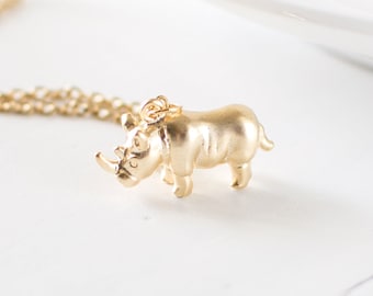 Tiny Rhino Charm Necklace, Gold Plated Rhinoceros Pendant Necklace, African Wildlife Inspired Jewellery, Gift for an Animal Lover, UK.