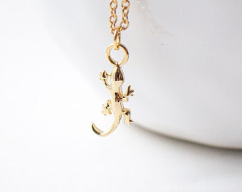 Gold Plated Lizard Necklace, Tiny Gecko Pendant Necklace, Reptile Charm Necklace.