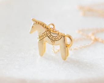 Gold Dala Horse Necklace. Nordic Scandinavian Pendant Necklace. Swedish Folk Jewellery, Animal Charm Necklace, UK.