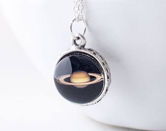 Saturn Pendant Necklace, Saturn Planet Necklace, Antique Silver Necklace, Solar System Necklace, Space Necklace.
