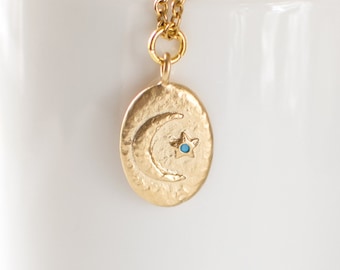 Gold Moon and Star Pendant Necklace, Crescent Moon and Turquoise Star Necklace,  Small Moon and Star Charm Necklace.