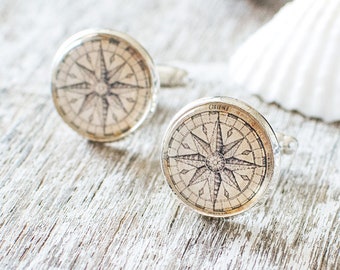 Compass Rose Cufflinks, Sea Inspired Nautical Cufflinks, Graduation Gift Idea, Wanderlust Cufflinks for Men. Handmade Jewellery UK.