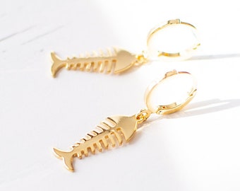 Fish Bone Earrings, Gold Plated Hoop Earrings, Animal Skeleton Huggie Earrings, Ocean Inspired Beach Earrings, Fun Quirky Earrings.