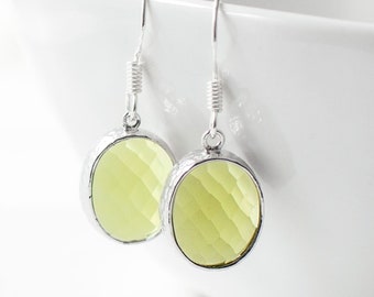 Lime Green Faceted Glass Earrings, Simple Modern Dangle Earrings for Spring, Classy Drop Earrings, Silver Plated Elegant Earrings, Mom Gift.