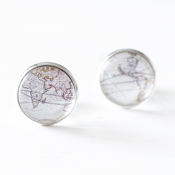Antique World Map Cufflinks, Earth Globe Cufflinks, Atlas Cufflinks, Travel Cufflinks, Glass Cufflinks, Destination Wedding Cufflinks.