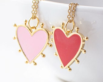 Enamel Heart Pendant Necklace, Red or Pink Heart Shaped Necklace, Gold Plated Spiked Heart Necklace, UK.