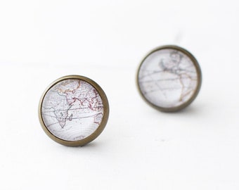 Antique World Map Earrings, Map of the World Studs, History Teacher Gift, Earth Globe Earrings, Travel Gift for Wanderlust Lover.