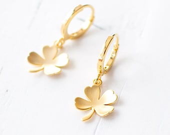 Four Leaf Clover Huggie Earrings, Gold Plated Clover Earrings, Good Luck Hoop Earrings.