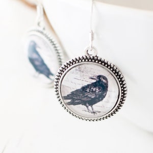 Crow Drop Earrings, Odin's Raven Earrings, Literary Earrings, Horror Lover Gift, Victorian Inspired Earrings, Goth Halloween Jewellery, UK.