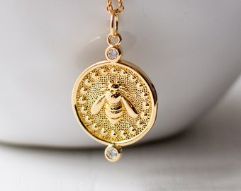 Gold Plated Bee Necklace, Bumble Bee Coin Necklace, Queen Bee Pendant Necklace, Gift for a Bee Lover.