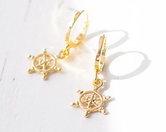 Tiny Ship Wheel Earrings, Gold Plated Huggie Earrings, Sea Inspired Hoop Earrings, Summer Vacation Earrings.