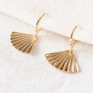 Gold Plated Fan Hoop Earrings, Art Deco Style Huggie Earrings, Triangle Huggie Earrings, Ribbed Geometric Earrings, UK. image 5