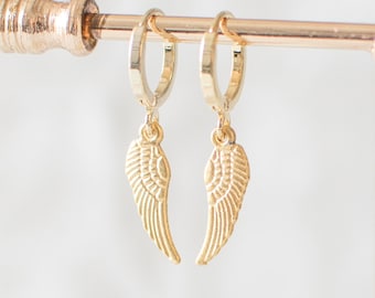 Gold Plated Wing Hoop Earrings, Feather Huggie Earrings, Tiny Wing Earrings, Mini Hoop Earrings, Gold Huggie Earrings. Handmade Jewellery UK