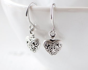 Antique Silver Heart Earrings, Textured Heart Shaped Earrings,  Simple Small Earrings, Everyday Boho Earrings. Handmade Jewellery UK.