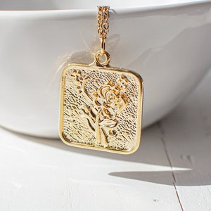 Rose Flower Medallion Necklace, Gold Plated Square Coin Necklace, Everyday Necklace, Botanical Gift.
