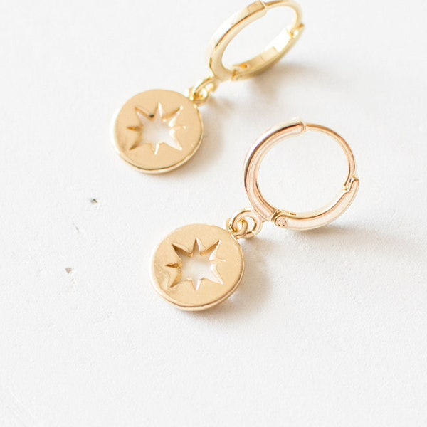 North Star Hoop Earrings, Gold Plated Star Huggie Earrings, Tiny Compass Huggie Hoops, Cute Everyday Earrings. Handmade Jewellery UK.