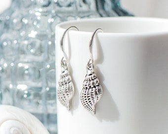 Antique Silver Plated Conch Shell Earrings, Nautical Jewellery