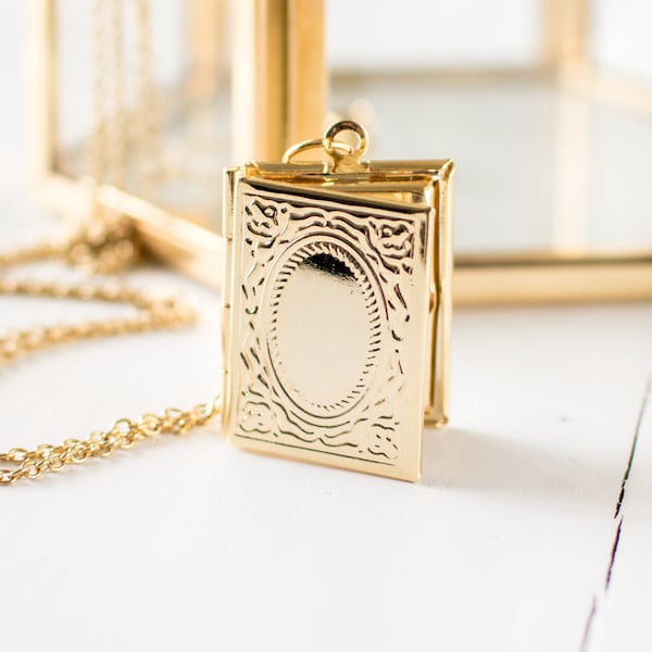 Gold Plated Book Locket Necklace, Victorian Style Picture Locket, Bookworm Necklace, Gift for Book Lovers. Handmade Jewellery UK.