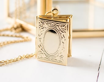 Gold Plated Book Locket Necklace, Victorian Style Picture Locket, Bookworm Necklace, Gift for Book Lovers. Handmade Jewellery UK.