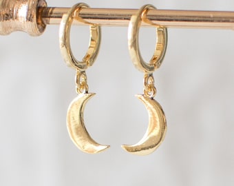Half Moon Hoop Earrings, Gold Plated Crescent Huggie Earrings, Tiny Moon Huggie Hoops, Minimalist Celestial Jewellery. Handmade Jewellery