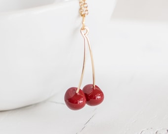 Red Cherry Necklace, Rockabilly Pendant Necklace, Kawaii Necklace for Her. Handmade Jewellery UK.