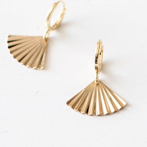 Gold Plated Fan Hoop Earrings, Art Deco Style Huggie Earrings, Triangle Huggie Earrings, Ribbed Geometric Earrings, UK. image 3