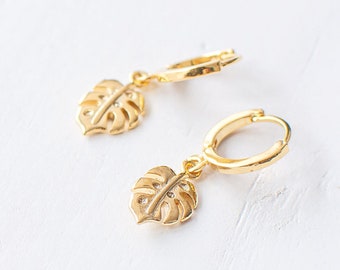 Monstera Hoop Earrings, Gold Plated Monstera Leaf Huggie Earrings, Cheese Plant Hoops, Tropical Earrings, Botanical Gift.