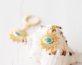 Evil Eye Earrings, Turquoise Hoop Earrings, Gold Plated Huggie Earrings, Sunburst Earrings, Celestial Inspired Jewellery.