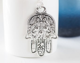 Antique Silver Hamsa Necklace, Hand of Fatima Necklace, Large Statement Pendant Necklace, Protection Necklace, Boho Ethnic Necklace, UK.
