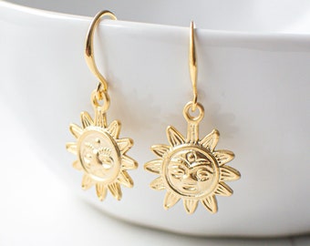 Boucles d’oreilles solaire plaquées or, boucles d’oreilles Celestial Dangle, boucles d’oreilles Sunburst Drop, boucles d’oreilles Boho.