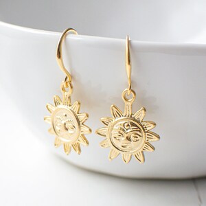 Gold Plated Sun Earrings, Celestial Dangle Earrings, Sunburst Drop Earrings, Boho Earrings.