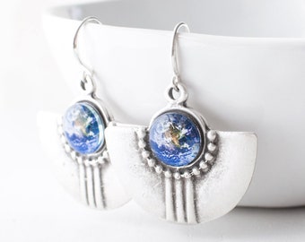 Planet Earth Earrings, World Earrings, Planet Earrings, Travel Earrings, Globe Earrings, Antique Silver Statement Earrings.