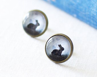 Black Bunny Earrings, Black Rabbit in the Moonlight Earrings, Silhouette Earrings. Bunny Rabbit Studs. Halloween Earrings. Jewellery UK.