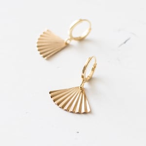 Gold Plated Fan Hoop Earrings, Art Deco Style Huggie Earrings, Triangle Huggie Earrings, Ribbed Geometric Earrings, UK.